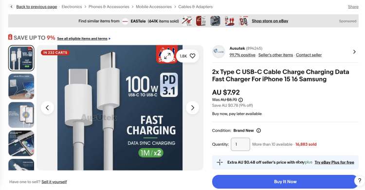eBay: 2x Type C USB-C Fast Charging Cable – 9% Off, now $7.92